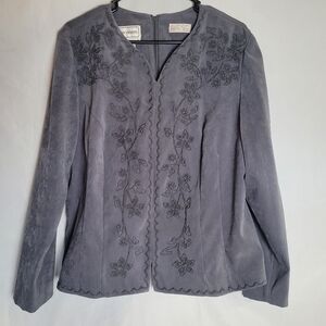 Vtg Karin Stevens Recencycore Embroidered Velvet Shirt Gray Back Zip Size 16